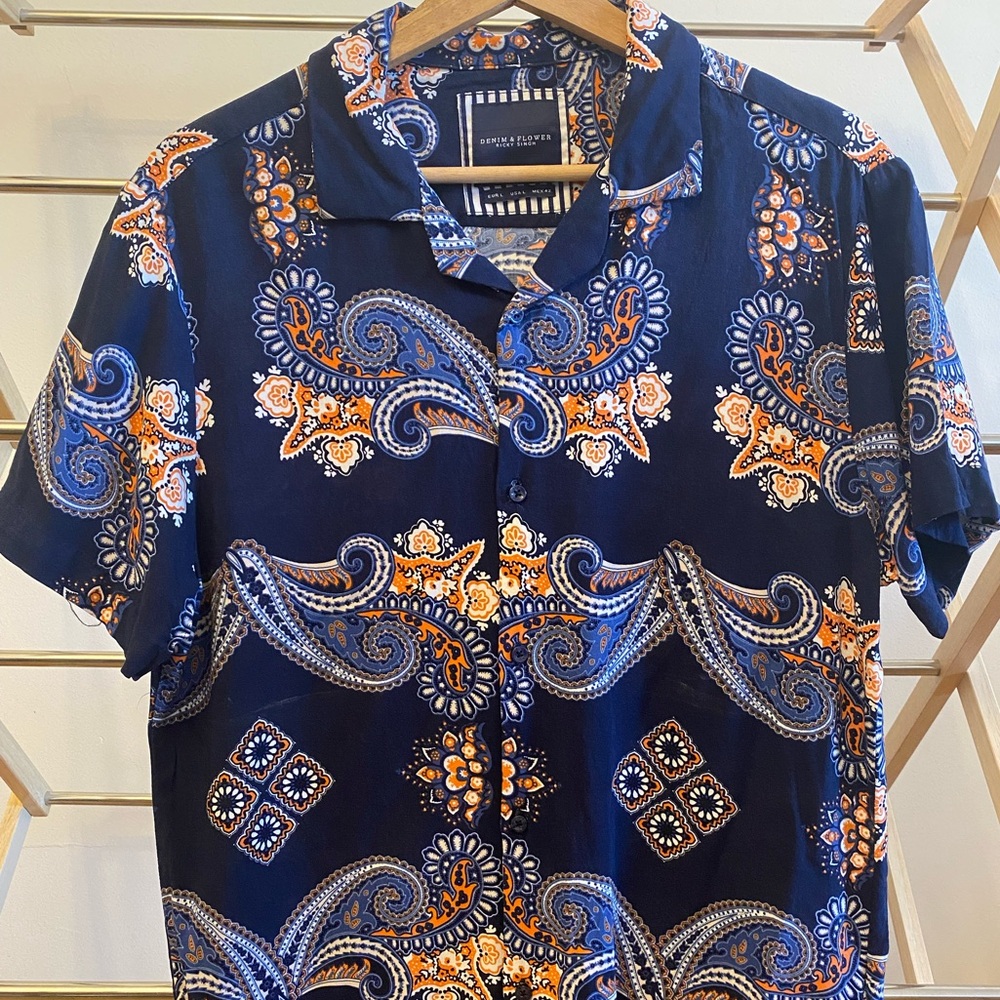 Denim & Flower Navy Paisley Short-Sleeve Button-Up Shirt with Orange Accents